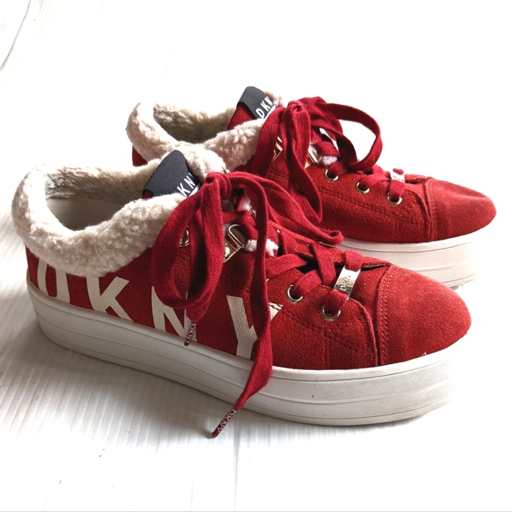DKNY Y2K 90s red suede fur trimmed platform sneakers